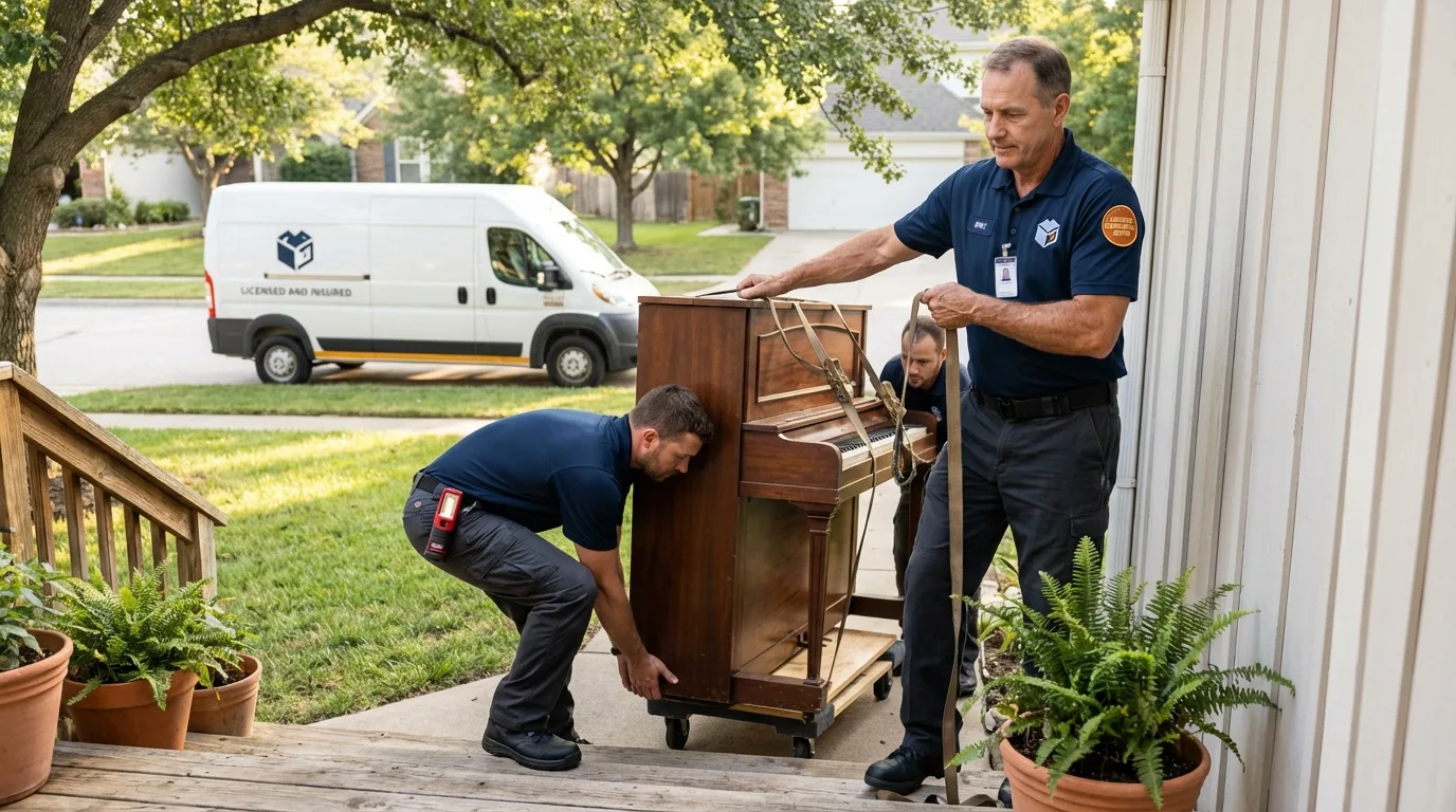Licensed piano movers securing grand piano in Altamont, NY