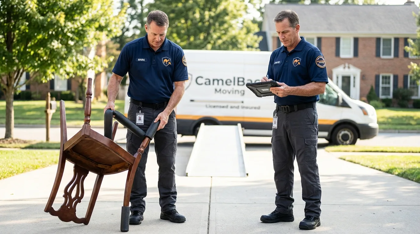 Movers inspecting furniture for damage prevention before loading in Altamont, NY