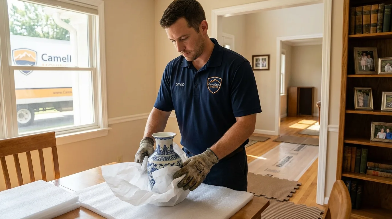 Professional crew carefully wrapping antique vase for senior downsizing move in Altamont, NY